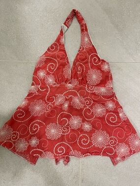 Red Floral Halter Crop Top with White Print